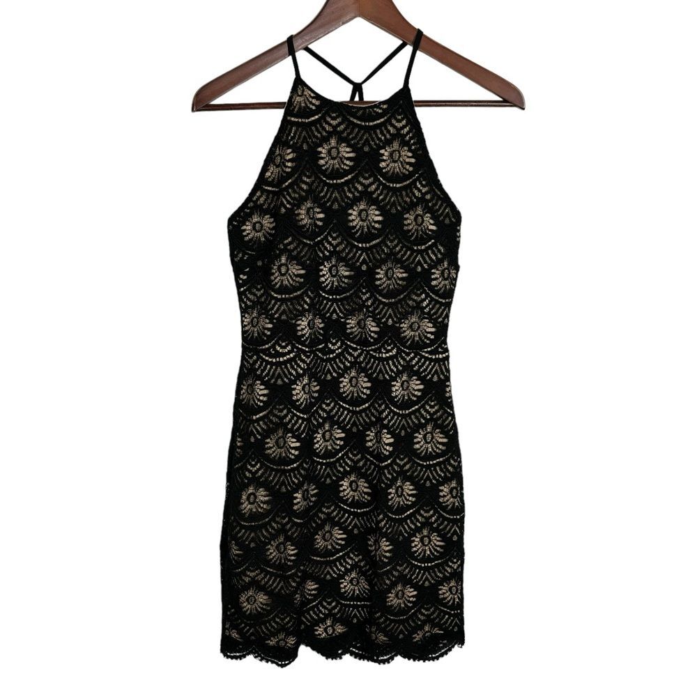 NWT Monteau Black Lace Strappy Sleeveless Mini Dress Nude Lining Women's Small - Picture 2 of 8